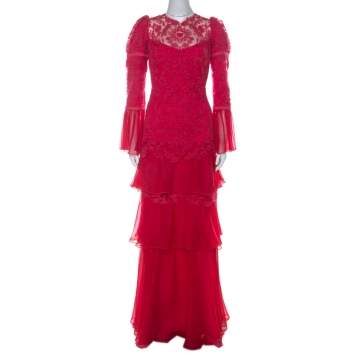 Pre Owned Tadashi Shoji Pink Chiffon & Lace Tiered Moreau Gown L