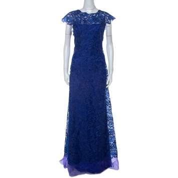 Pre Owned Tadashi Shoji Midnight Blue Lace Cap Sleeve Milien Evening Dress L