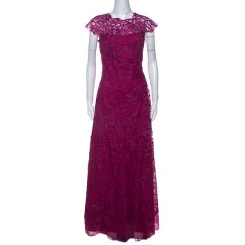 Pre Owned Tadashi Shoji Grape Purple Lace Cap Sleeve Milien Evening Dress M