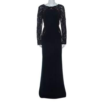 Pre Owned Tadashi Shoji Navy Blue Lace Detail Long Sleeve Kinglet Gown L
