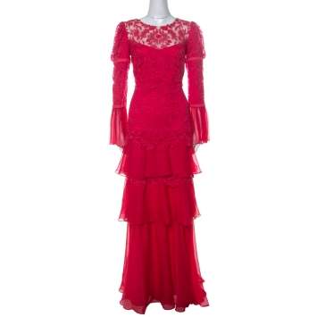 Pre Owned Tadashi Shoji Pink Chiffon & Lace Tiered Moreau Gown M