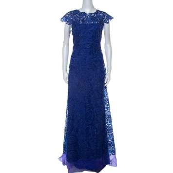 Pre Owned Tadashi Shoji Royal Blue Lace Cap Sleeve Milien Evening Dress L