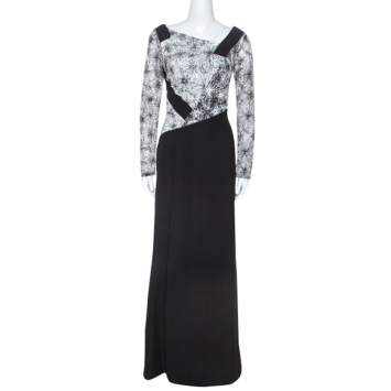 Pre Owned Tadashi Shoji Monochrome Lace Bodice Marissa Gown M