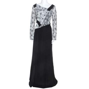 Pre Owned Tadashi Shoji Monochrome Floral Embroidered Marissa Gown L
