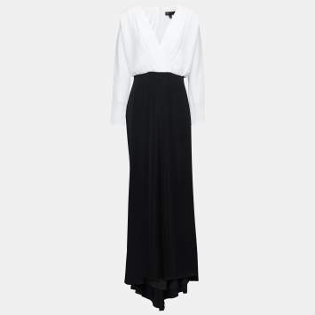 Pre Owned Tadashi Shoji Black/White Crepe Wrap Effect Maxi Dress M