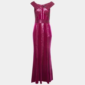 Pre Owned Tadashi Shoji Magenta Pink Velvet and Sequin Rhea Gown S