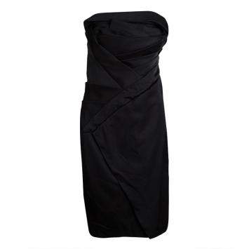 Pre Owned Tadashi Shoji Black Silk Asymmetric Pleat Detail Strapless Dress M