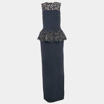 Pre Owned Tadashi Shoji Navy Blue Jersey Sleeveless Lace Trimmed Gown S