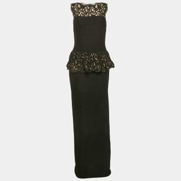 Pre Owned Tadashi Shoji Black Lace and Pleated Jersey Peplum Sleeveless Gown M