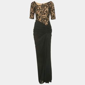 Pre Owned Tadashi Shoji Black Tulle and Lace Ruched Gown M