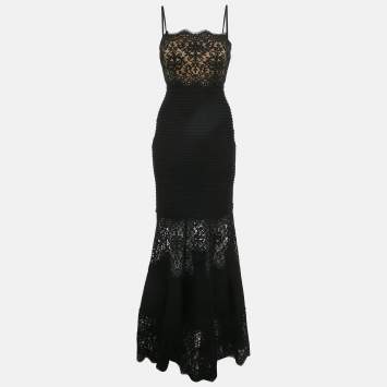 Pre Owned Tadashi Shoji Black lace and Jersey Pintuck Detail Gown XS