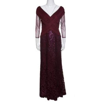 Pre Owned Tadashi Shoji Burgundy Tulle Woven Bodice Sequined Gown S