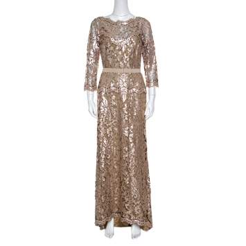 Pre Owned Tadashi Shoji Pink and Black Sequined Lace Scalloped Trim Detail Belted Tulle Gown M