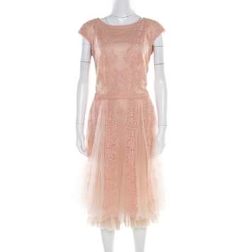 Pre Owned Tadashi Shoji Peach Floral Lace Overlay Sleeveless Layered Tulle Dress M