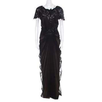 Pre Owned Tadashi Shoji Black Sequin Embellished Cap Sleeve Pegged Evening Gown XXL 