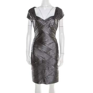 Pre Owned Tadashi Shoji Metallic Pintucked Pleat Detail Embellished Dress M