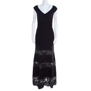 Pre Owned Tadashi Shoji Black Pintuck Detail Floral Lace Insert Barberton Gown XS