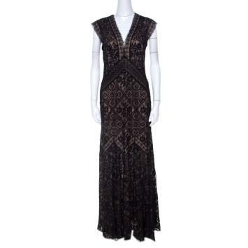 Pre Owned Tadashi Shoji Black Lace Overlay V Neck Evening Gown M
