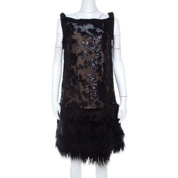 Pre Owned Tadashi Shoji Black Sequined Drop Waist Feather Dress L