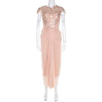 Pre Owned Tadashi Shoji Beige Lace and Tulle Sequined Gown S