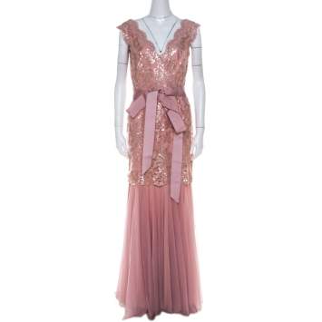 Pre Owned Tadashi Shoji Dusty Rose Sequin Embellished Scalloped Lace Detail Tulle Gown M