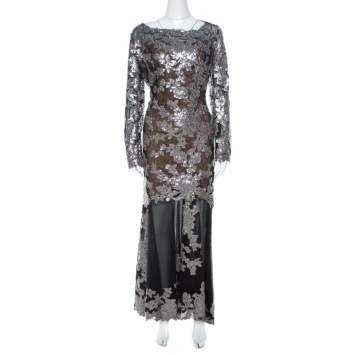 Pre Owned Tadashi Shoji Black Sequin Embellished Lace Evening Gown XL 