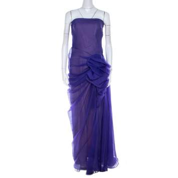 Pre Owned Tadashi Shoji Purple Tulle Ruched Bow Detail Strapless Cocktail Dress M 