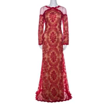 Pre Owned Tadashi Shoji Red Metallic Cord Embroidered Cold Shoulder Illusion Inset Tulle Gown L