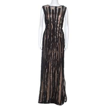 Pre Owned Tadashi Shoji Black Mesh Sequinned Sleeveless Gown L