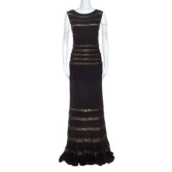 Pre Owned Tadashi Shoji Black Stretch Knit Metallic Lace Detail Maxi Dress M