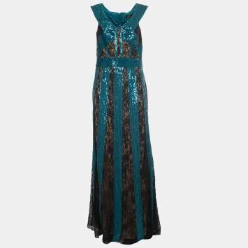 Pre Owned Tadashi Shoji Black/Green Lace and Sequin Rhea Stripe Gown L