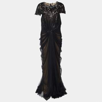 Pre Owned Tadashi Shoji Black Sequin Embellished Tulle & Lace Gathered Waist Gown XL