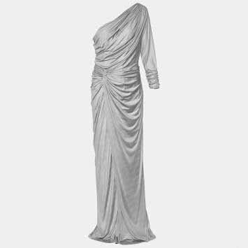 Pre Owned Tadashi Shoji Silver Knit Draped One  Shoulder Gown L