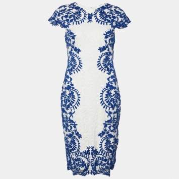Pre Owned Tadashi Shoji White & Blue Embroidered Floral Lace Midi Dress M