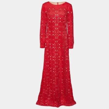 Pre Owned Tadashi Shoji Red Cutwork Detail Faux Suede Maxi Dress M