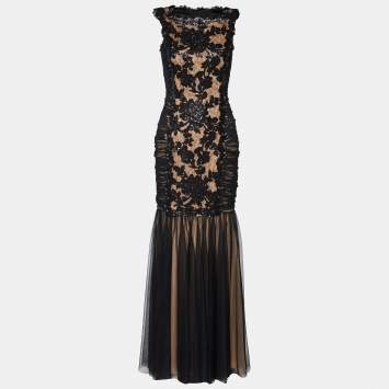 Pre Owned Tadashi Shoji  Black Lace and Tulle Floral Sequin Embellished Gown S