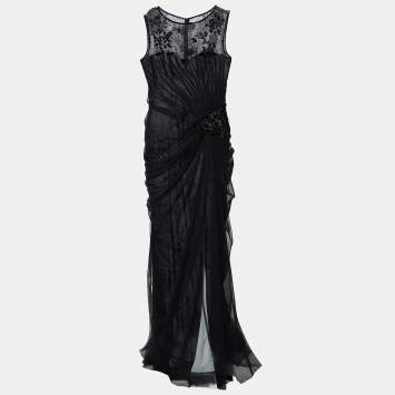 Pre Owned Tadashi Shoji Black Embellished Tulle Draped Gown L