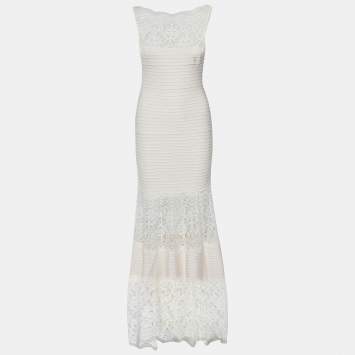Pre Owned Tadashi Shoji Cream Lace & Pintuck Jersey Fitted Gown XS