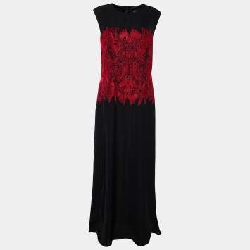Pre Owned Tadashi Shoji Black Satin Contrast Embroidered Sleeveless Merlin Gown XL