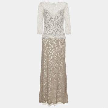 Pre Owned Tadashi Shoji Beige Lace Mermaid Cut Gown M