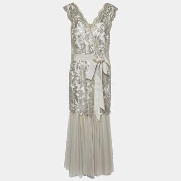 Pre Owned Tadashi Shoji Silver Grey Sequin Embellished Lace & Tulle Belted Gown L