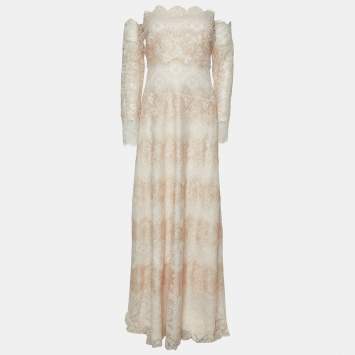 Pre Owned Tadashi Shoji Cream Two Tone Paneled Off Shoulder Gown XL