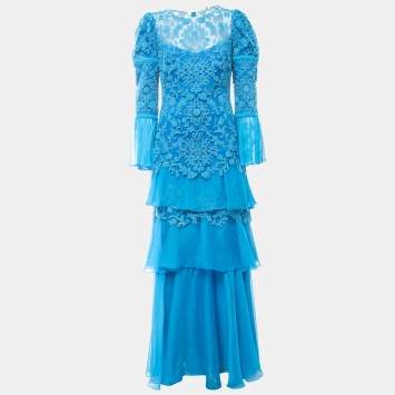 Pre Owned Tadashi Shoji Cerulean Blue Cord Embroidered Tulle Tiered Moreau Gown M