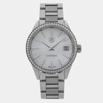 Pre Owned Tag Heuer Carrera WAR1315.BA0778 Quartz White MoP Diamond Stainless Steel Men’s Wristwatch 32mm