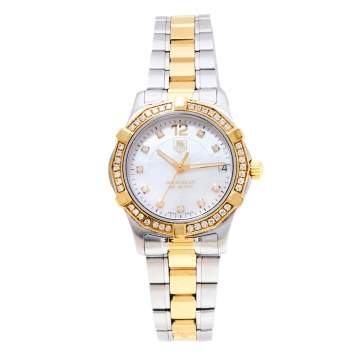 Pre Owned Tag Heuer Mother Of Pearl Two-Tone Stainless Steel Diamond Aquaracer WAF1350.BB0820 Women's Wristwatch 33 mm