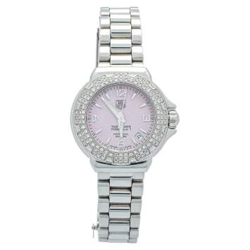 Pre Owned Tag Heuer Pink Mother Of Pearl Stainless Steel Diamonds Formula One WAC1216.BA0852 Women's Wristwatch 37mm 