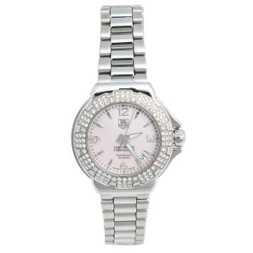 Pre Owned Tag Heuer Pink Mother of Pearl Stainless Steel Diamond Formula 1 Women's Wristwatch 37 mm