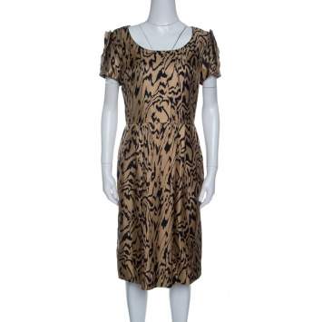 Temperley London Brown and Black Printed Silk Short Sleeve Dress M