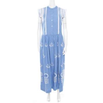Pre Owned Temperley Blue and White Embroidered Scallop Detail Maxi Dress M