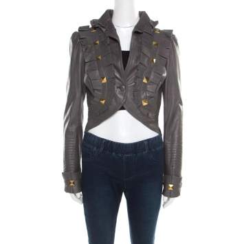 Pre Owned Temperley Grey Leather Ruffle Trim Rock Stud Embellished Cropped Jacket M
